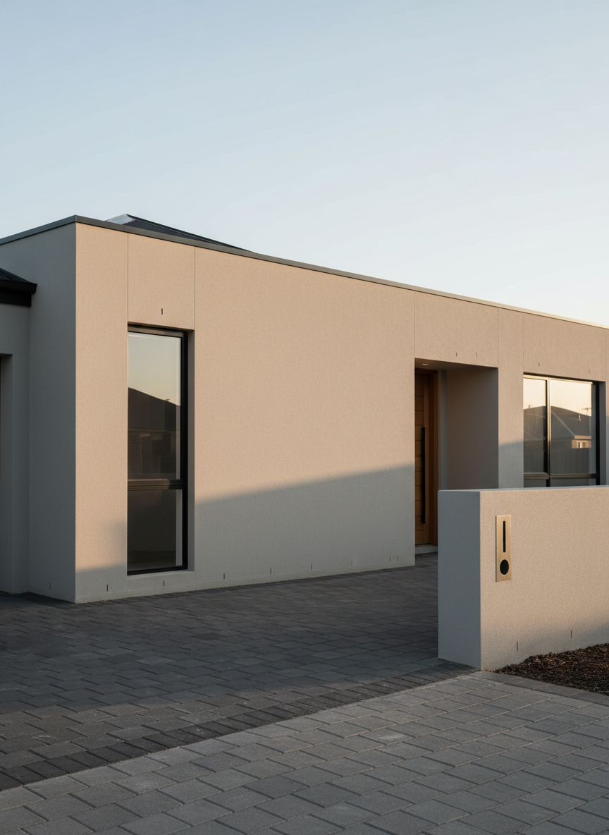 A freshly restored exterior wall of a modern suburban home, showcasing smooth, flawless sand-finish render in a warm light-grey tone. Hairline cracks have been expertly repaired and are completely invisible, with sharp, clean edges around windows and doors. The wall is framed by a neatly paved driveway and a low rendered front fence in matching texture. Captured in soft late-afternoon natural light that creates gentle gradients and subtle shadows under window sills, emphasizing the evenness of the finish. Photographic realism, eye-level composition with sharp focus throughout, conveying a professional, trustworthy, and high-quality render restoration service in Western Australia, with a clean and modern atmosphere.