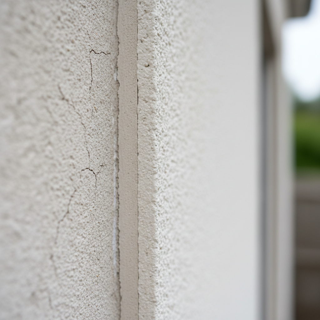 A close-up, highly detailed view of a rendered wall corner on a residential building, showing precise repair work where old cracked render meets newly applied texture. The surface displays fine sand grains and subtle trowel marks, with a clean, straight arris line down the corner. The color is a soft off-white with slight variation that feels natural and premium. Soft overcast daylight creates even illumination, eliminating harsh shadows so the texture reads clearly. Photographic realism, macro-style composition with shallow depth of field, the corner in sharp focus and background gradually blurring into a neutral, uncluttered scene. The mood is meticulous and technical, emphasizing craftsmanship and material quality in professional render restoration.