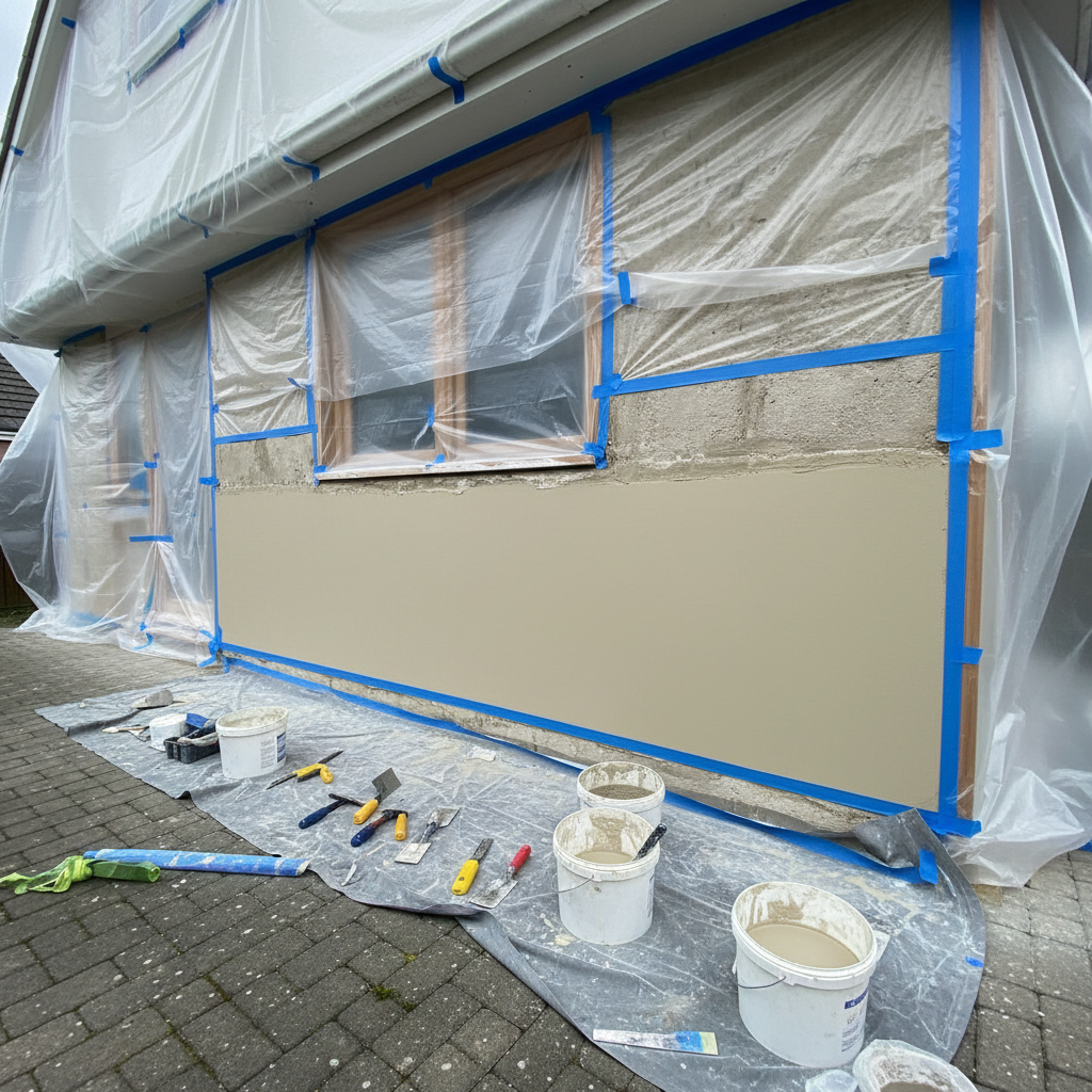 An in-progress render restoration scene focusing on a residential wall section fully masked and prepared, without any workers visible. Clean plastic sheeting protects windows, door frames, and paving, secured with straight, bright-blue masking tape. The old, damaged render has been neatly cut back, revealing a sharp transition line where new base coat has just been applied, smooth and consistent in tone. Buckets of render mix and neatly arranged tools rest on a drop sheet at the base of the wall. Natural daylight from an overcast sky creates soft, shadow-free illumination. Photographic realism, shot from a slightly angled perspective with moderate depth of field, conveying a professional, methodical, and safety-conscious approach to texture and render restoration.
