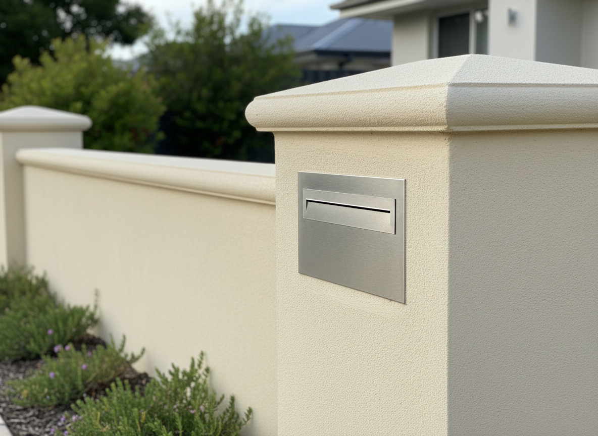A detailed close-up of a feature rendered boundary wall and letterbox in a WA suburban streetscape, recently restored to perfection. The wall has a fine-sand texture in a warm limestone hue, with a slightly rounded capping that catches the light. The letterbox insert sits flush, with precise cut-outs and clean edges free of chips or cracks. Low native planting runs along the base, adding subtle green contrast. Captured in late-morning natural light, creating gentle highlights on the top surfaces and soft shadows down the face of the wall. Photographic realism with an eye-level, slightly angled composition and sharp focus, evoking a polished, contemporary, and premium feel that reflects expert render and texture restoration craftsmanship.