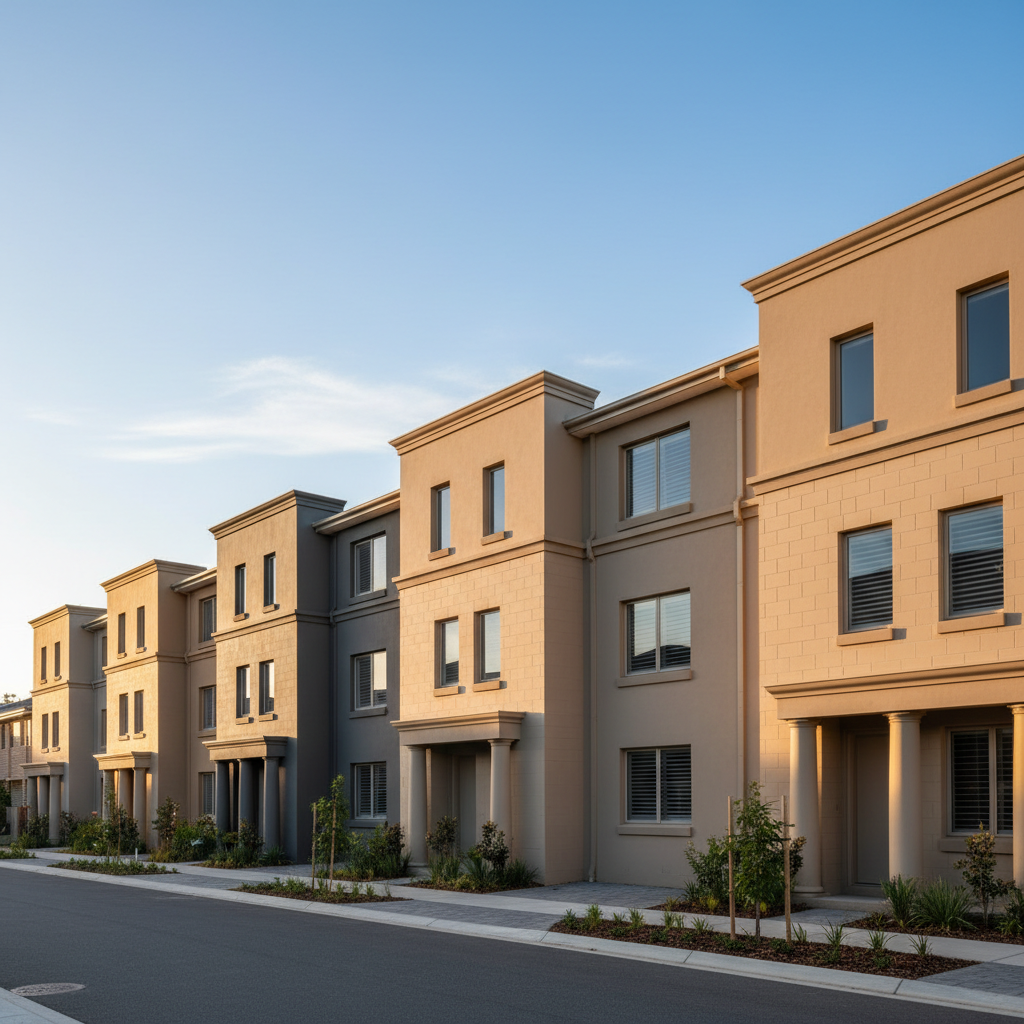 A wide-angle exterior shot of a multi-unit townhouse development in Western Australia, each façade featuring freshly restored render in complementary earthy tones: warm greys, sandy beiges, and soft taupes. The textures range from smooth to light bagged finishes, all uniform and defect-free. Decorative bands, parapets, and columns are sharply defined, with no visible patch lines. The buildings are set along a clean, landscaped street with native plants and a clear sky. Captured in warm golden-hour light that casts long, soft shadows, enhancing depth and architectural detail. Photographic realism with a slightly elevated perspective, balanced composition, and crisp clarity, projecting professionalism, reliability, and high-end workmanship in large-scale render restorations.