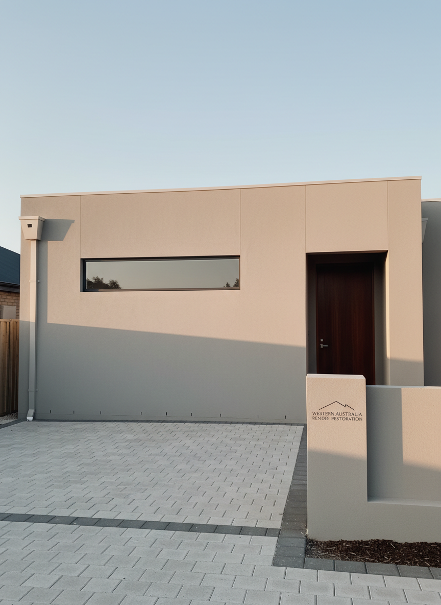 A freshly restored exterior wall of a modern suburban home, showcasing smooth, flawless sand-finish render in a warm light-grey tone. Hairline cracks have been expertly repaired and are completely invisible, with sharp, clean edges around windows and doors. The wall is framed by a neatly paved driveway and a low rendered front fence in matching texture. Captured in soft late-afternoon natural light that creates gentle gradients and subtle shadows under window sills, emphasizing the evenness of the finish. Photographic realism, eye-level composition with sharp focus throughout, conveying a professional, trustworthy, and high-quality render restoration service in Western Australia, with a clean and modern atmosphere.