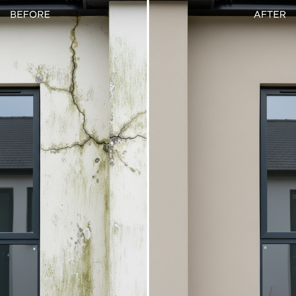A dramatic before-and-after split image of a rendered wall on a contemporary house façade. The left half shows faded, cracked, stained render with visible blistering and uneven texture. The right half displays the same area after expert restoration: fresh, uniform texture coat in a neutral beige, crisp lines around architectural details, and a consistent, matte finish. The divide between halves is perfectly vertical, running through a corner column and window frame. Captured in bright but diffused daylight to ensure every surface detail is visible. Photographic realism with a straight-on angle and symmetrical composition, creating a bold, professional comparison that highlights the transformation and quality of render and texture restorations.
