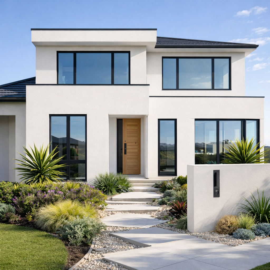 A freshly restored exterior wall of a modern suburban home, showcasing smooth, flawless sand-finish render in a warm light-grey tone. Hairline cracks have been expertly repaired and are completely invisible, with sharp, clean edges around windows and doors. The wall is framed by a neatly paved driveway and a low rendered front fence in matching texture. Captured in soft late-afternoon natural light that creates gentle gradients and subtle shadows under window sills, emphasizing the evenness of the finish. Photographic realism, eye-level composition with sharp focus throughout, conveying a professional, trustworthy, and high-quality render restoration service in Western Australia, with a clean and modern atmosphere.