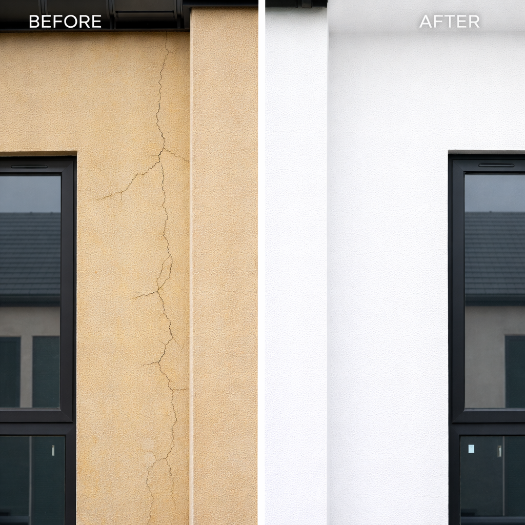 A dramatic before-and-after split image of a rendered wall on a contemporary house façade. The left half shows faded, cracked, stained render with visible blistering and uneven texture. The right half displays the same area after expert restoration: fresh, uniform texture coat in a neutral beige, crisp lines around architectural details, and a consistent, matte finish. The divide between halves is perfectly vertical, running through a corner column and window frame. Captured in bright but diffused daylight to ensure every surface detail is visible. Photographic realism with a straight-on angle and symmetrical composition, creating a bold, professional comparison that highlights the transformation and quality of render and texture restorations.