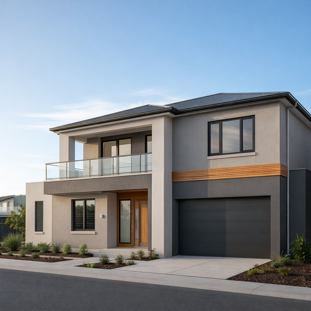 A wide-angle exterior shot of a multi-unit townhouse development in Western Australia, each façade featuring freshly restored render in complementary earthy tones: warm greys, sandy beiges, and soft taupes. The textures range from smooth to light bagged finishes, all uniform and defect-free. Decorative bands, parapets, and columns are sharply defined, with no visible patch lines. The buildings are set along a clean, landscaped street with native plants and a clear sky. Captured in warm golden-hour light that casts long, soft shadows, enhancing depth and architectural detail. Photographic realism with a slightly elevated perspective, balanced composition, and crisp clarity, projecting professionalism, reliability, and high-end workmanship in large-scale render restorations.