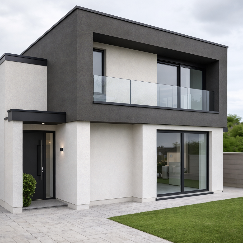 A close-up, highly detailed view of a rendered wall corner on a residential building, showing precise repair work where old cracked render meets newly applied texture. The surface displays fine sand grains and subtle trowel marks, with a clean, straight arris line down the corner. The color is a soft off-white with slight variation that feels natural and premium. Soft overcast daylight creates even illumination, eliminating harsh shadows so the texture reads clearly. Photographic realism, macro-style composition with shallow depth of field, the corner in sharp focus and background gradually blurring into a neutral, uncluttered scene. The mood is meticulous and technical, emphasizing craftsmanship and material quality in professional render restoration.